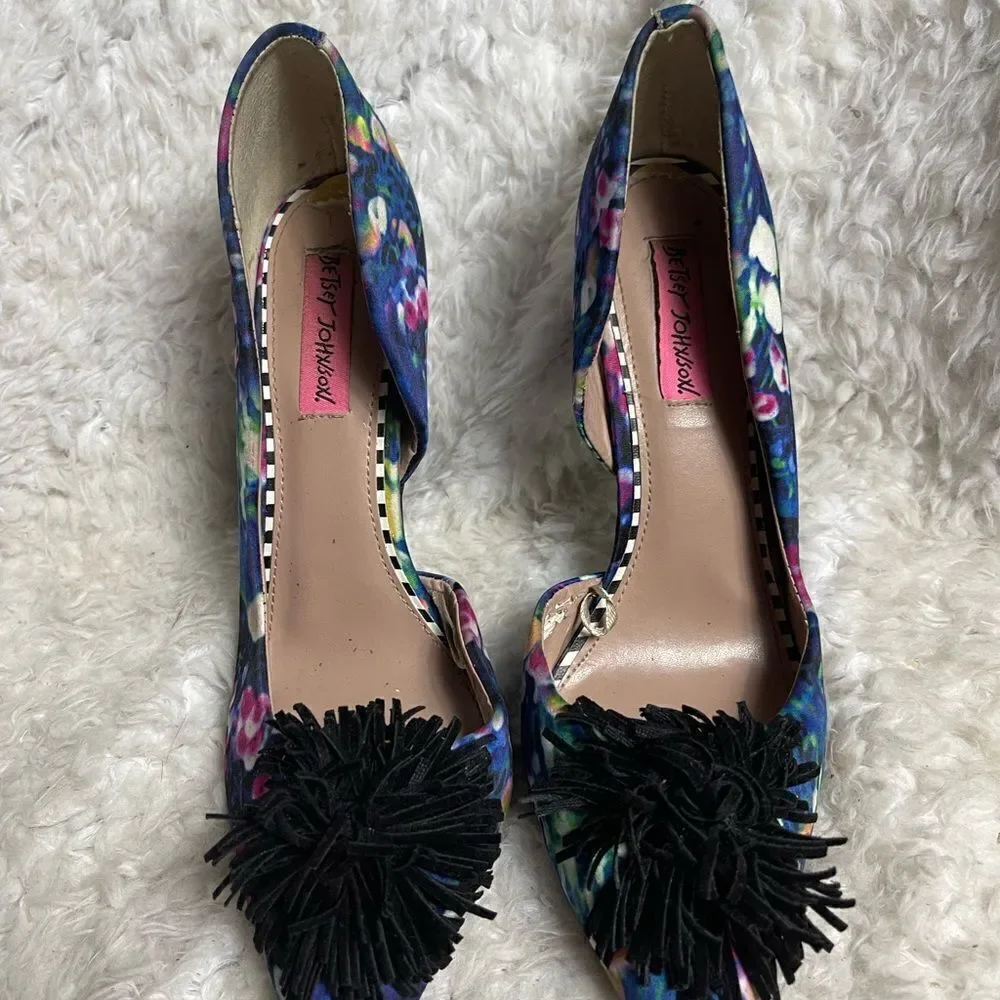 Betsey Johnson Hallye Fabric multi  color slip on heels black pompon accent SZ8